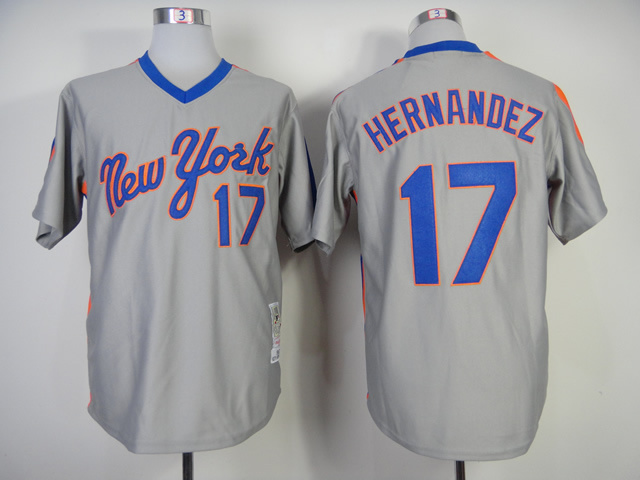 Men New York Mets 17 Hernandez Grey Throwback MLB Jerseys